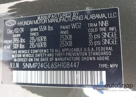 2025 Hyundai Santa Fe Sel from USA, damaged, VIN 5NMP24GL6SH108447